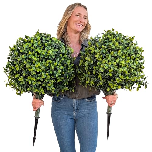 Artificial Boxwood Topiary Ball with Ground Spike, 2-Pack UV Protected