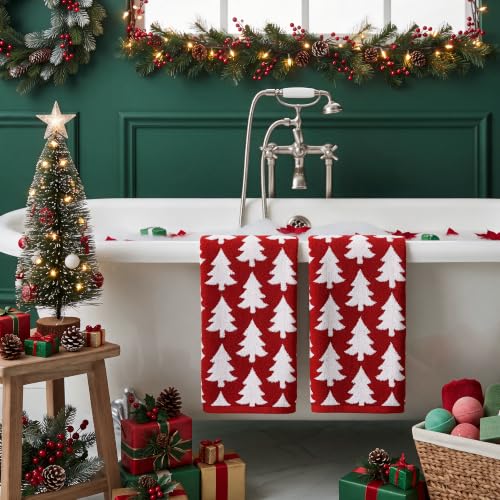 Artoid Mode 3 Pcs Red Xmas Trees Christmas Jacquard Hand Towels for