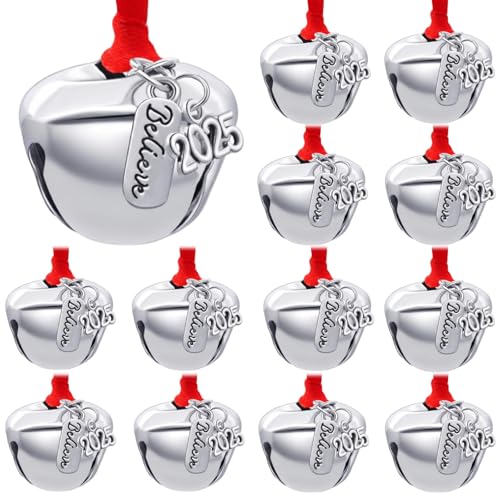 12-Piece Silver Christmas Jingle Bells with Believe Charm for Tree Decor