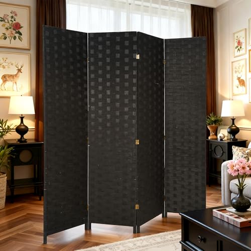 4-Panel Wooden Folding Room Divider Screen with Woven Mesh (Coal Black)