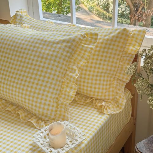 Ruffled Gingham Pillow Shams 20x26, Set of 2 Farmhouse Plaid Pillow Covers