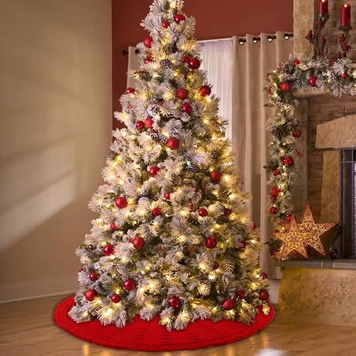 36-Inch Red Cable Knit Christmas Tree Skirt - Thick Rustic Farmhouse Decor