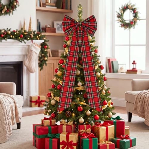 Junkin 20x12in Red Green Tartan Christmas Tree Topper Bow - 60in Overall For Large Trees