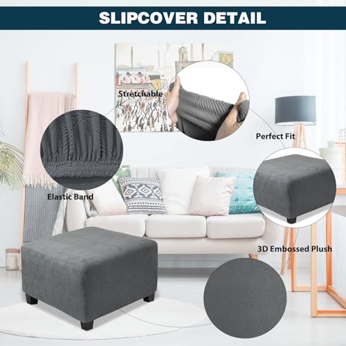Medium Grey Stretch Jacquard Ottoman Cover - Soft Slipcover for Square Ottomans