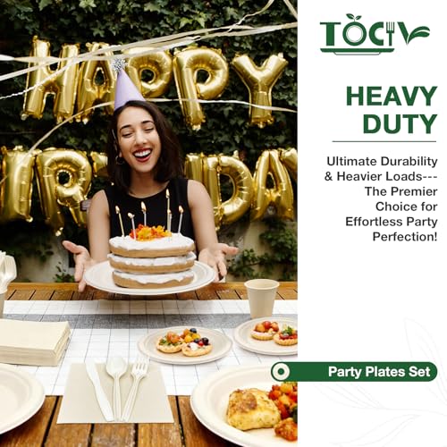 350 Pcs Nature Eco-Friendly Disposable Dinnerware Set for 50: 10in & 7in Plates, 8oz Cups, 6.6in Napkins + Utensils