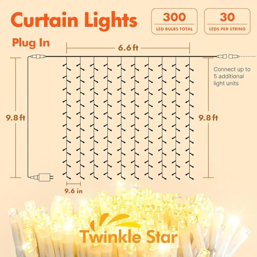 300 LED Warm White Curtain String Lights - 8 Modes Plug-In Fairy Lights