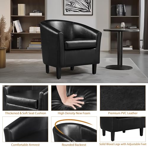 Set of 2 Faux Leather Barrel Accent Chairs with Solid Wood Legs