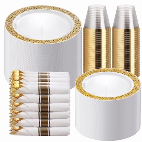 White Gold Disposable Dinnerware Set for 50 Guests - Elegant Plastic Plates and Silverware