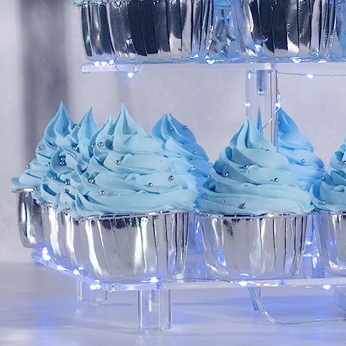 OLACHIKKO Blue 5-Tier Square Cupcake Stand with LED Light String - Wedding & Party Dessert Tower