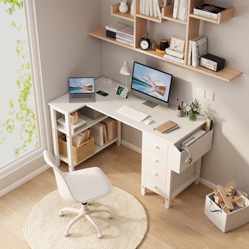 White 47-Inch L-Shaped Corner Computer Desk with Outlets & Drawers