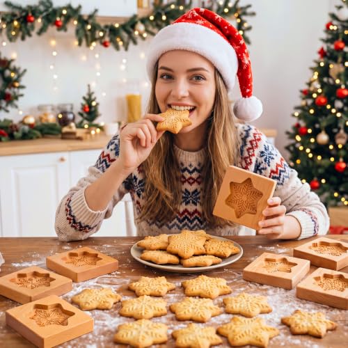 Ferrochef 6 Pack Snowflake Wooden Cookie Molds Christmas Baking Stamps