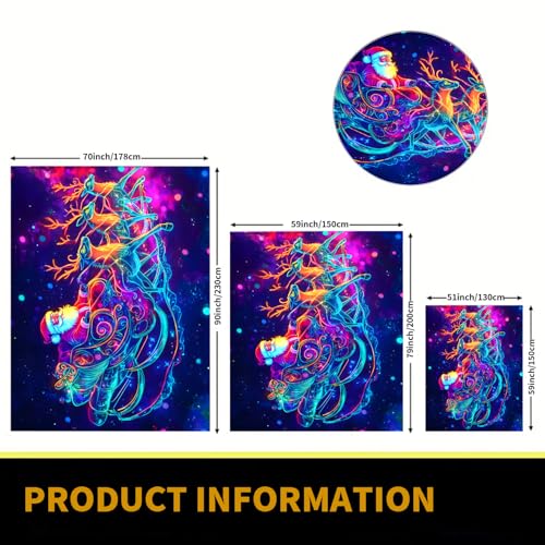 Black Light Tapestry – Merry Christmas UV Reactive Wall Hanging, Santa & Elk, 79x59 Unframed