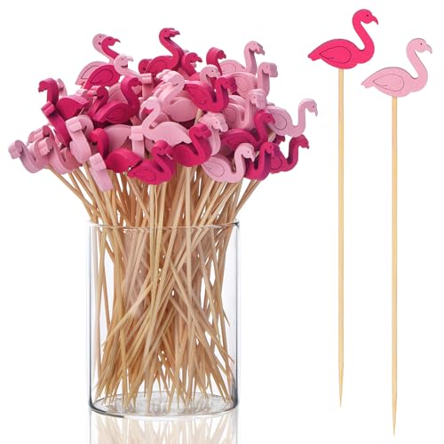 JtmyAota Flamingo Cocktail Picks - 100 Natural Bamboo Party Toothpicks