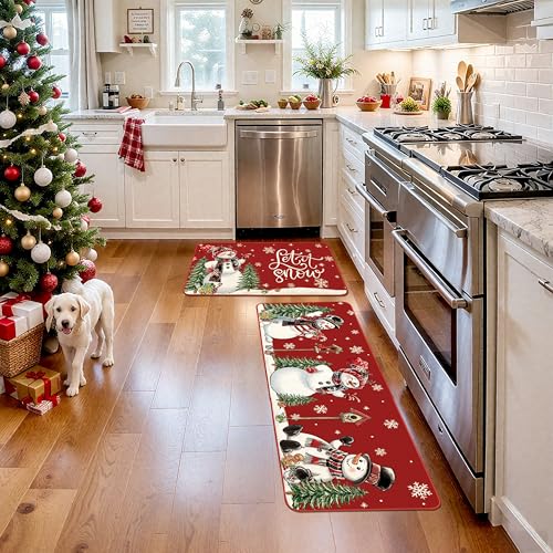 Christmas Kitchen Rugs Set of 2 with Snowmen & Red Truck – Holiday Floor Mats