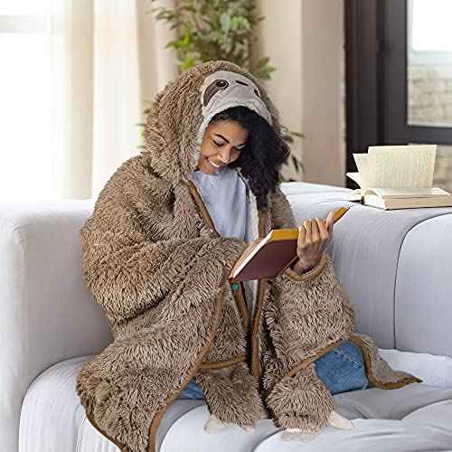 Sloth Wearable Hooded Blanket, Plush Faux Fur Sherpa Throw Cloak Wrap