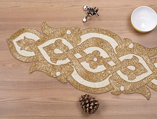 Lightnpro Hand Beaded Table Runner 13x36 Infinity Gold Ivory | Handmade Satin Backing