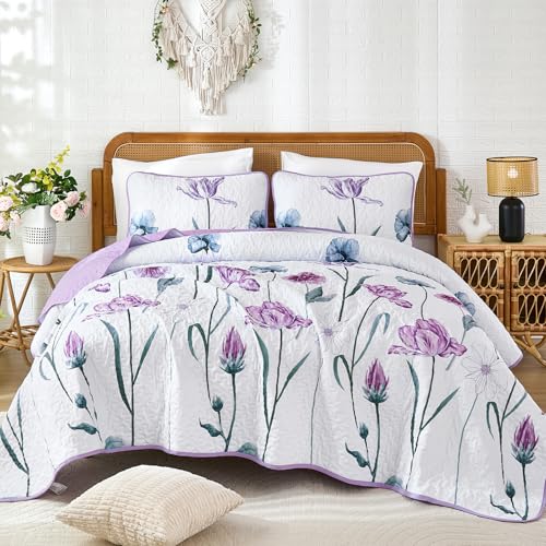 Purple Floral Queen Quilt Set, 3-Piece Reversible Coverlet Set