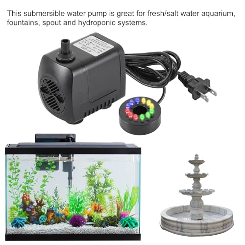 15W Submersible Fountain Pump with 4-Color LED Lights, 220 GPH