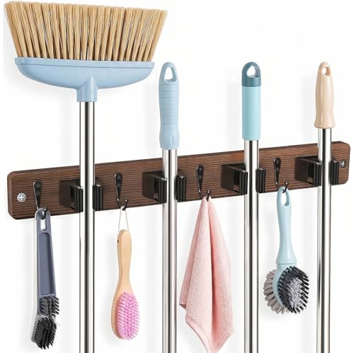 Wooden Broom Holder Wall Mount - 4 Clamps and 4 Hooks Mop Organizer