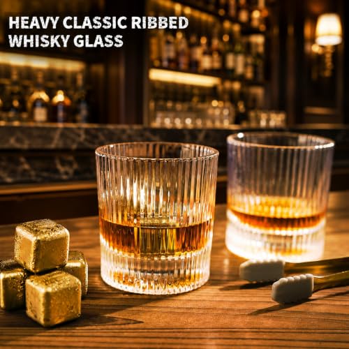 Hgsoor Gold Stones Whiskey Gift Set for Men with 2 Ribbed Bourbon Glasses & Chillers