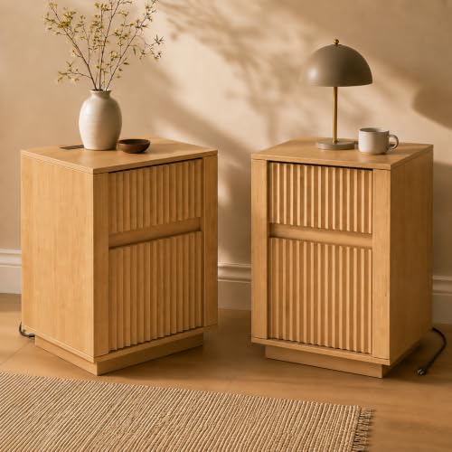 Modern Fluted Nightstand with Charging Station and Two Drawers