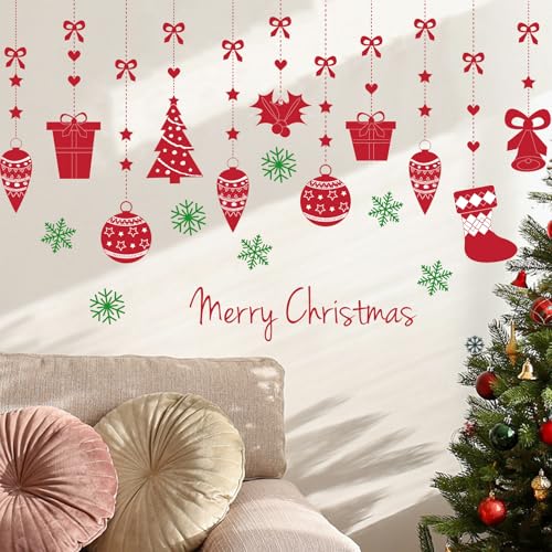 BYOCEW Merry Christmas Pine Tree Snowflake Wall Decals - Red