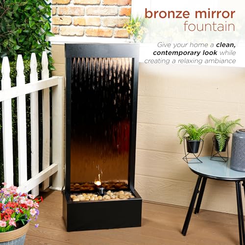 48-Inch Wall Mounted Mirror Waterfall Fountain with LED Lights and Stones