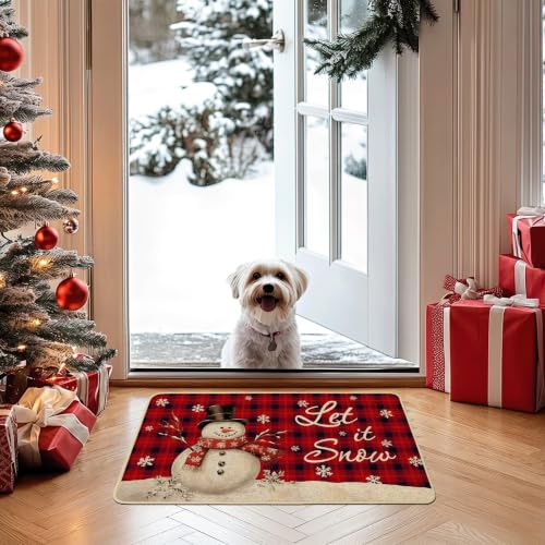 Snowman Doormat Buffalo Plaid 17x29 in - Red Snowman Winter Door Mat by Baccessor