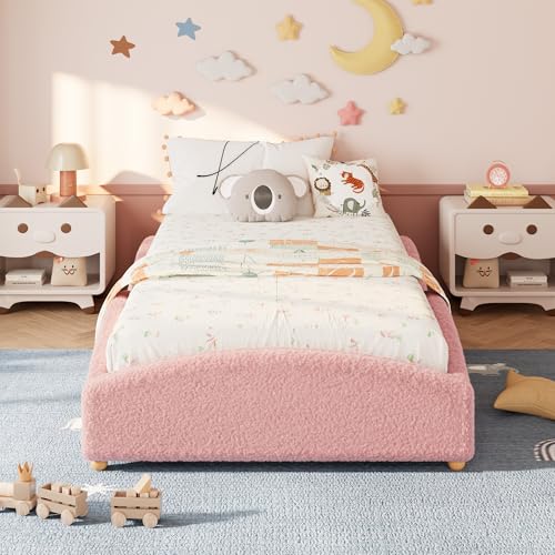 Twin Size Teddy Fabric Floor Bed Frame with Padded Sides - Pink