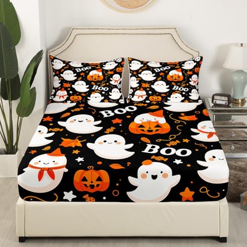 Kids Halloween Fitted Sheet Set - Cartoon Pumpkin Lantern Ghost Twin 075 Multi
