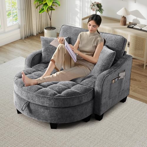 Oversized Chenille Chaise Lounge Chair with Storage Ottoman & Sleeper Bed