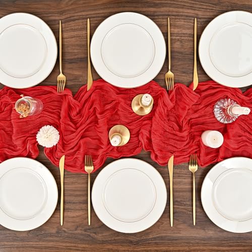 Red 12 Pack Cheesecloth Table Runner 20 x 120 in - Wrinkled Sheer Linen Batched 12