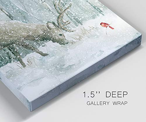 40x40 Reindeer and Cardinal Christmas Wall Art - Scenic Winter Forest Canvas, Ready to Hang, Premium Gallery Wrapped Decor, Made in USA