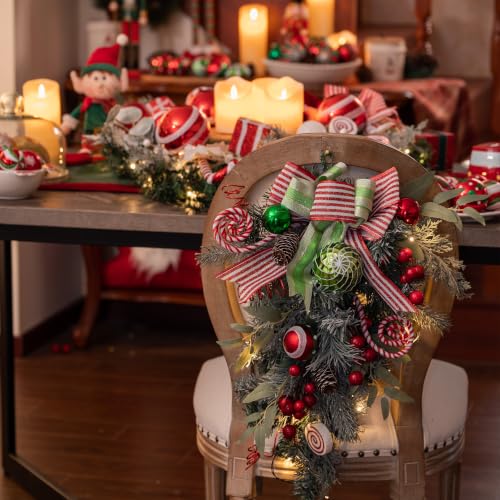 Valery Madelyn Christmas Teardrop Swag with Elf Decoration, Red Green White, 24 Inch