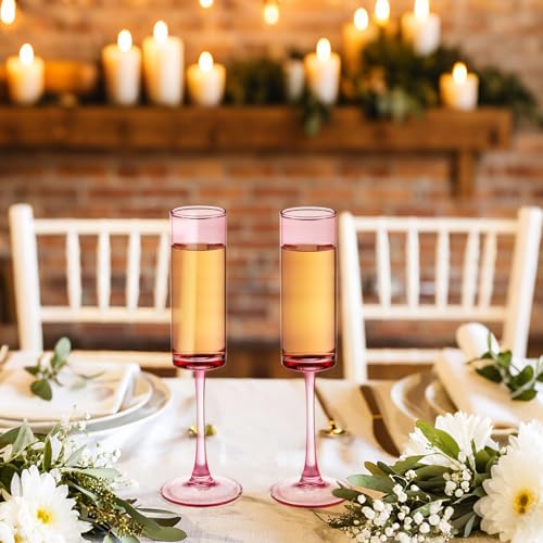 Pink Champagne Flutes Set of 6 - 6 OZ Hand Blown Crystal Wine Glasses for Wedding & Celebrations (Variation: Pink / 6 PCS)