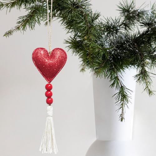 D Variant 6 Pcs Red Glitter Heart Ornaments with Tassels for Christmas Decor