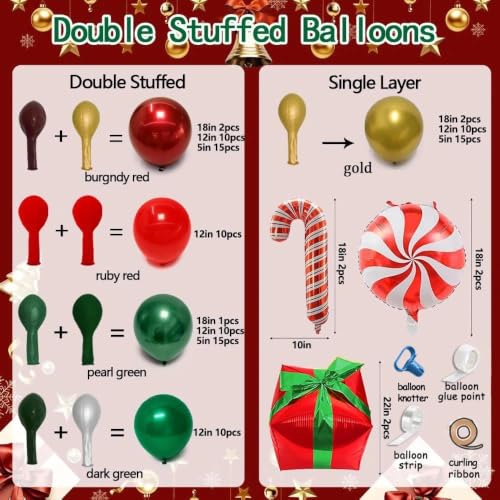 Double Stuffed Christmas Balloon Garland Kit - Dark Emerald Green, Red & Gold, Includes Double-Layer Balloons for Holiday Decorations