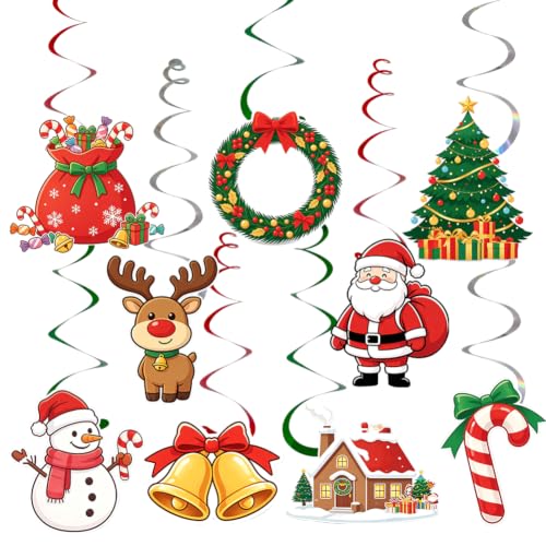 36PCS Christmas Hanging Swirl Decorations with Santa Reindeer Snowman & More