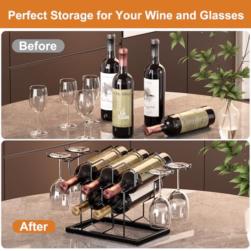 B4Life Black Countertop Wine Rack with Glass Holder - Holds 8 Bottles