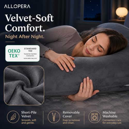 ALLOPERA 57-Inch U-Shaped Pregnancy Pillow, Full Body Maternity Pillow with Adjustable Fill and Washable Cover, Black Grey