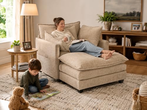 41-Inch Oversized Reading Chair with Ottoman, Chenille Deep Seat Armchair