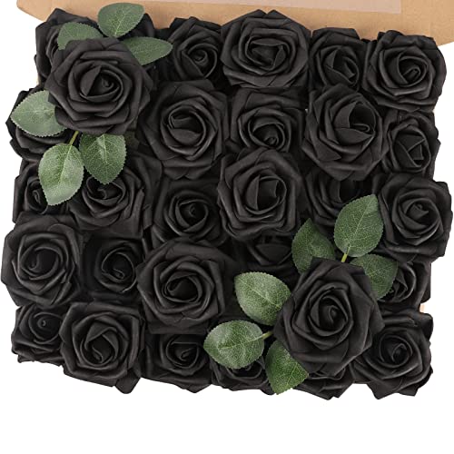 30PCS Black Artificial Roses with Bendable Stems for Weddings & Decor