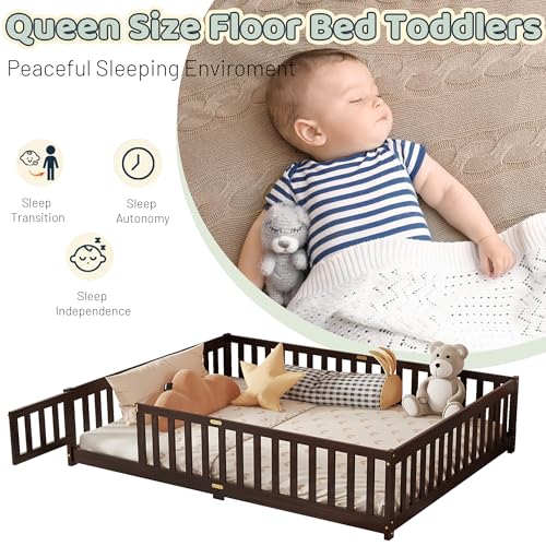 Queen Montessori Floor Bed with Safety Guardrails and Lockable Door