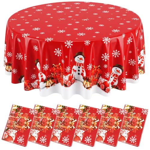 LemonRoad 6 Pcs 84" Red Christmas Round Tablecloths with Snowman - Disposable Holiday Party Linens