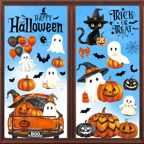 Halloween Window Clings - 8 Sheets of Ghost & Pumpkin Decor