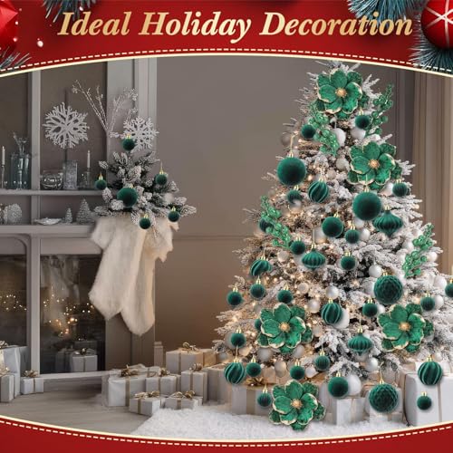 Kinlop 34 Pcs Velvet Christmas Ornaments Set Dark Green – 22 Balls, 6 Poinsettias & 6 Berry Stems