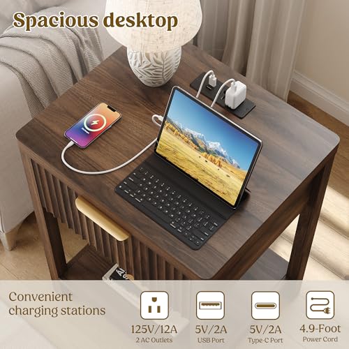 Fluted Wood Nightstand Set of 2 with Charging Station and Storage Drawer