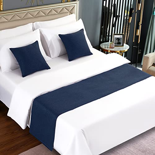 AMBERIS Dark Blue Imitation Linen Bed Runner Decorative Bed Scarf