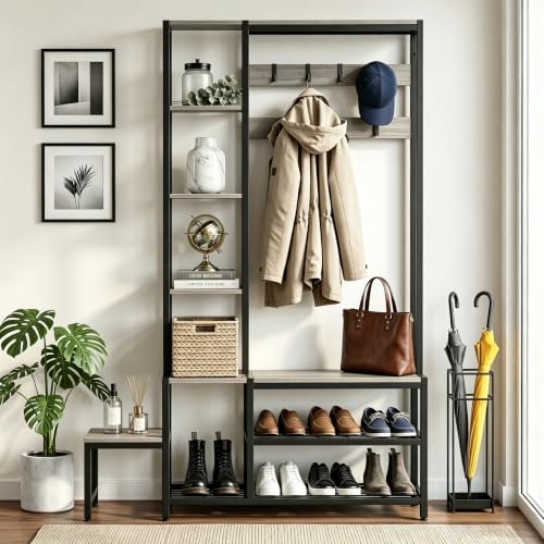 Industrial Hall Tree with Shoe Storage Bench and 7-Hook Coat Rack - Grey