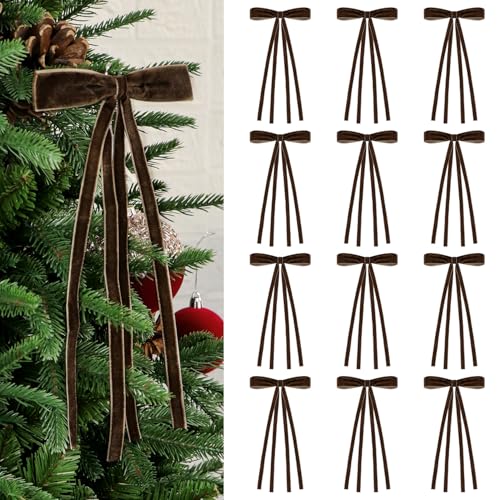 12 Pcs Velvet Christmas Tree Bows with Rustic Brown Ribbon, 5.9 x 9.84 Inches - Holiday Wreath & Decor Accessories